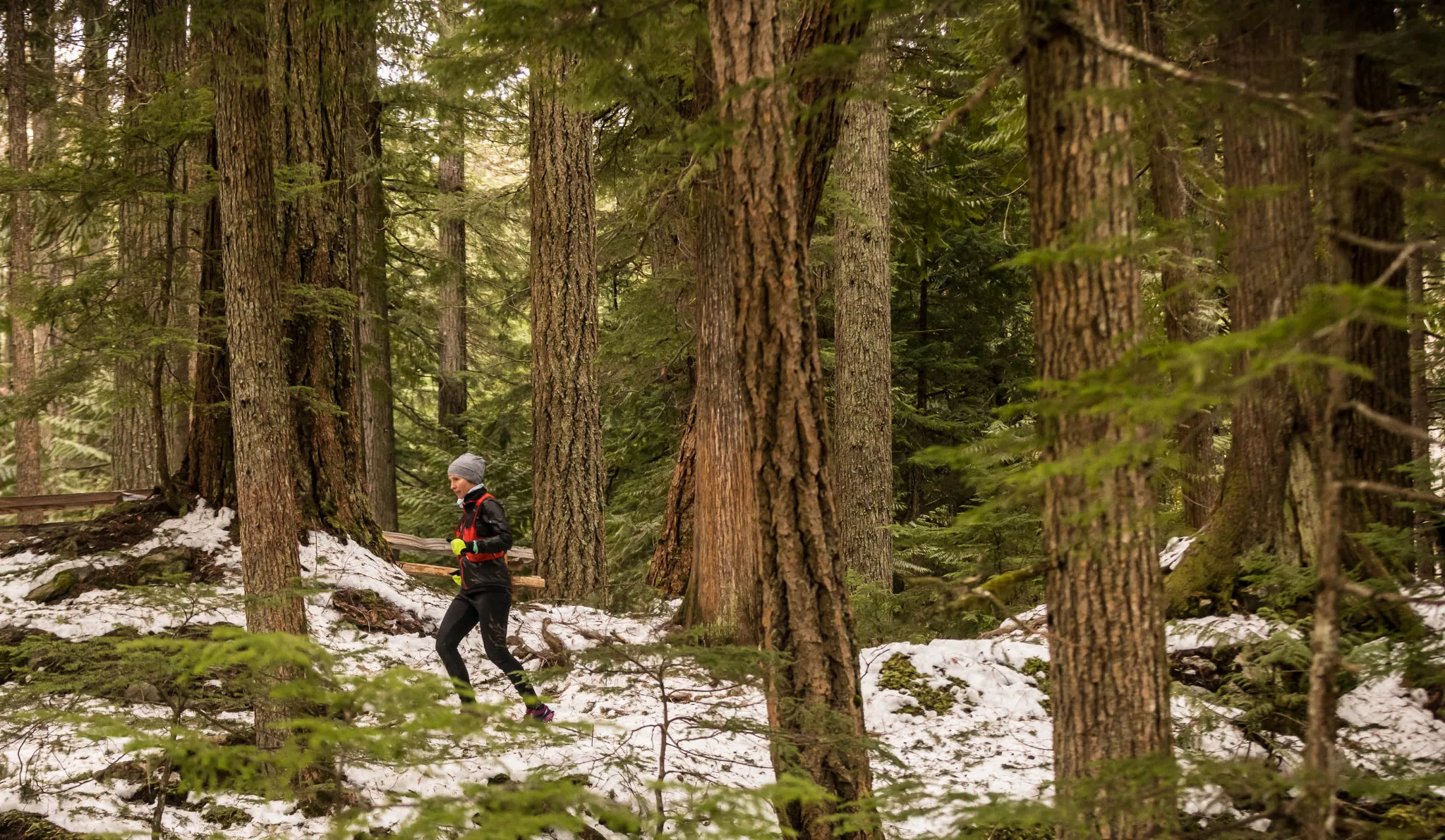 Charlotte Paul running through the forest in winter