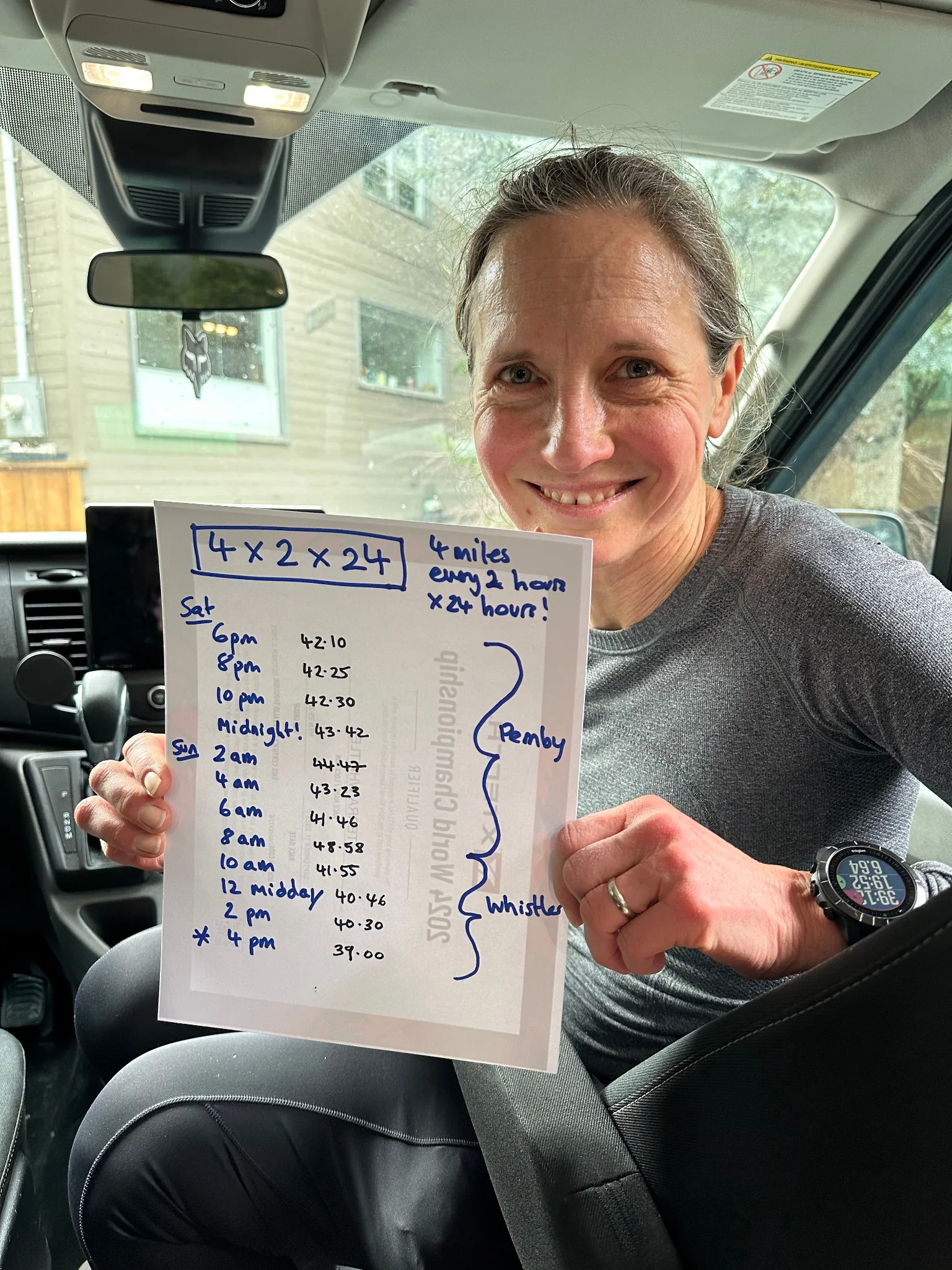 Charlotte holding the 4 x 2 x 24 challenge schedule