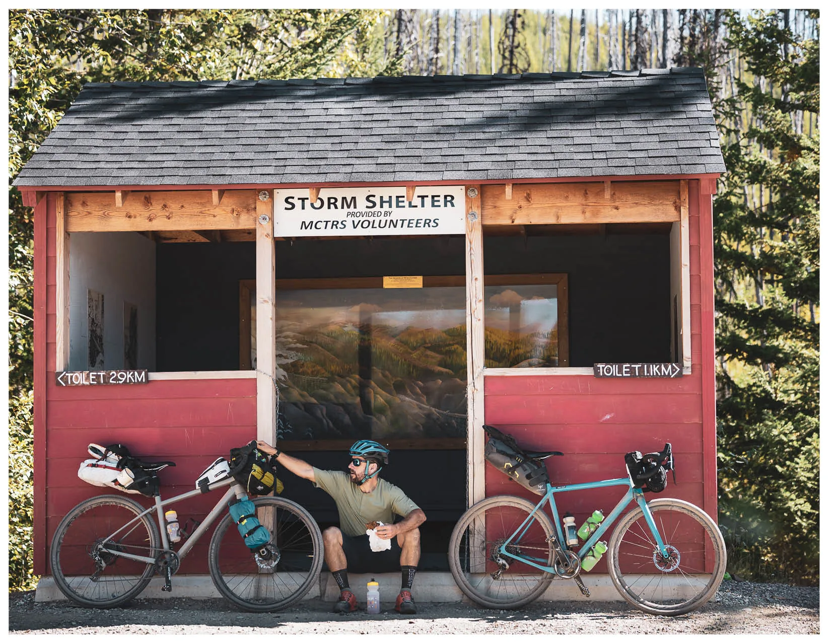 Bikepacking stop at a storm shelter